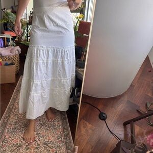 SOLD White Tiered Peasant Long Skirt High Rise Side Zipper Cotton Poplin Women